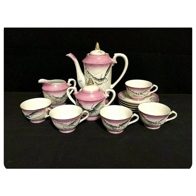 Vintage 15 Piece Japanese Moriage Dragonware Tea Set Pink With Gold
