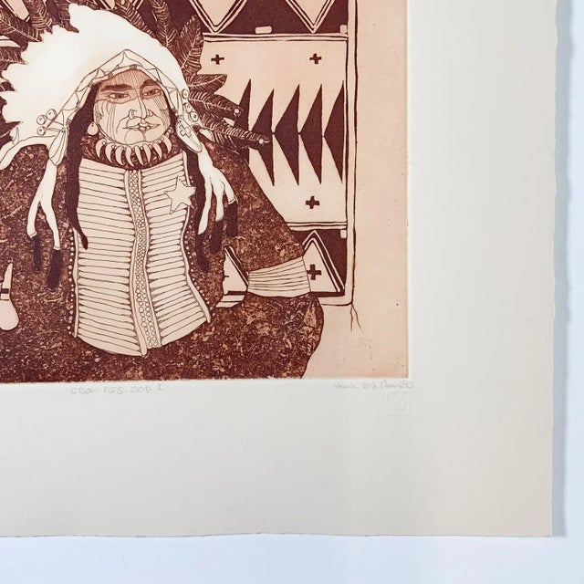 1980 etching on paper by Kevin Red Star (b. 1943) Montana, Crow tribe, titled Crow Res Cop I. Signed, titled and numbered...