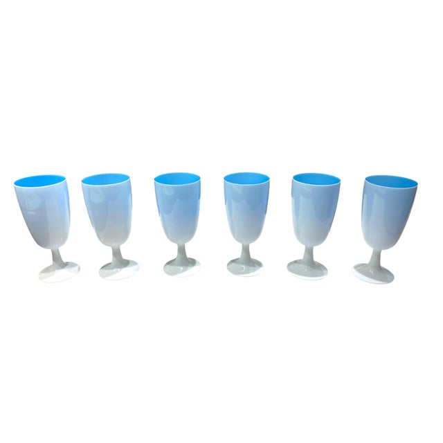 Glass 1960s Carlo Moretti Murano Tiffany Blue and White Cased Stemware Wine Goblets & Compotes - Set of 12 For Sale - Image 7 of 18