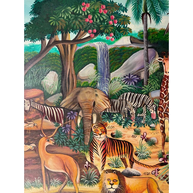 Bright Green 1970’s Vintage Haitian Naïve Tropical Jungle Landscape Oil on Canvas Painting by J. Remy Etienne For Sale - Image 8 of 11