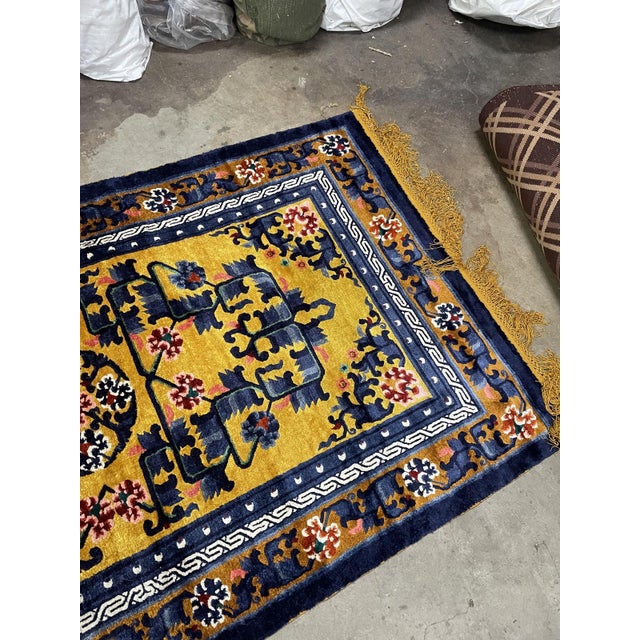 Vintage 1950s Chinese Art Deco Silk Rug, Golden Yellow Field, 4'2" X 7'1" (128cm X 216cm) For Sale - Image 4 of 7