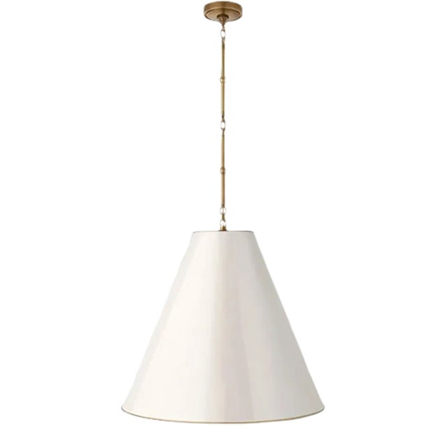 Thomas O'Brien for Visual Comfort Signature Goodman Large Hanging Lamp in Hand-Rubbed Antique Brass with Antique White Shade For Sale