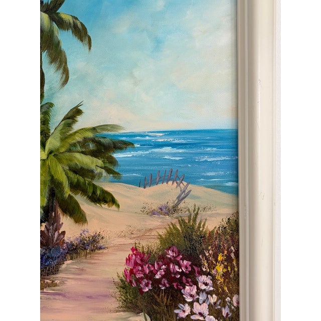 Colorful vintage signed tropical beach landscape painting depicting a sunlit sandy path leading through lush flowering...