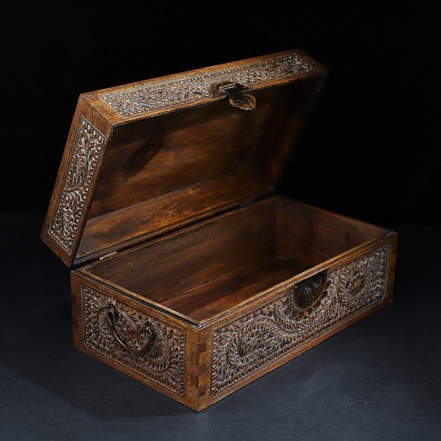 Chinese Vintage Chinese Huali Rosewood Box | Carved Floral Motif Storage Chest For Sale - Image 3 of 9