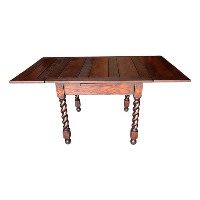 Vintage 1930s Jacobean Solid Oak Barley Twist Draw Leaf Dining Table Completely Restored. For Sale