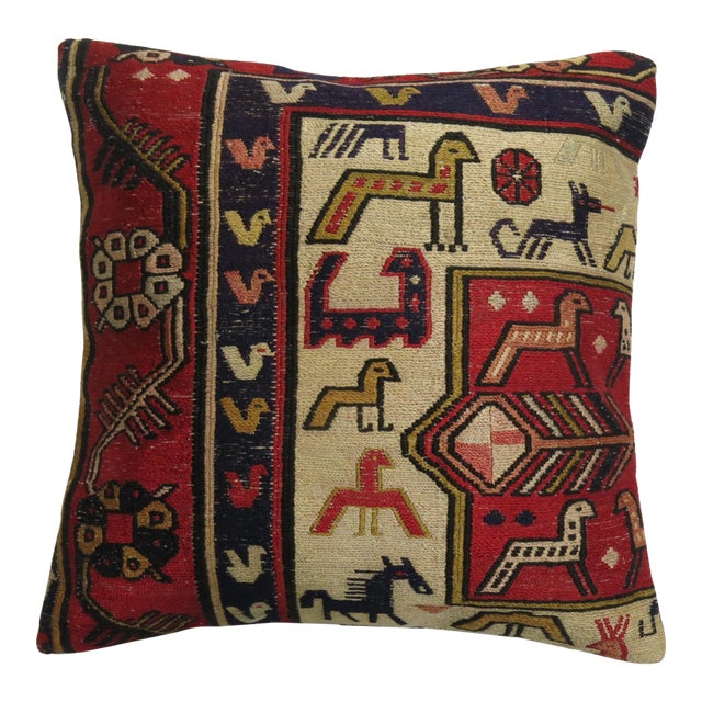 Zabihi Collection Pictorial Folk Art Soumac Pillow For Sale