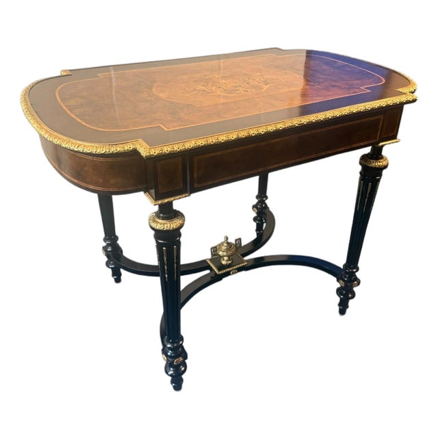 Late 20th Century French Neoclassical Style Burlwood Writing Desk With Gilt Bronze Style Accents For Sale