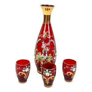 1920s Bohemian Hand Blown, Ruby Glass Decanter & 3 Cordials