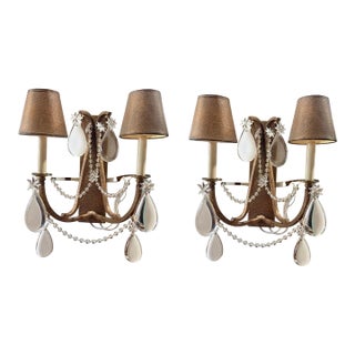 Pair, Modern Hart Associates Glass Beaded & Brass Two-Light Wall Sconces For Sale
