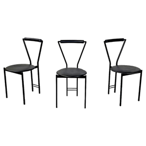 Italian Modern Chairs in Black Metal Leather and Rubber, 1980s, Set of 3