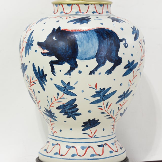 Cream Pair of Vintage Brunschwig & Fils Cadiz Table Lamps - Blue and Cream Ceramic With Boar and Deer Motif For Sale - Image 8 of 15