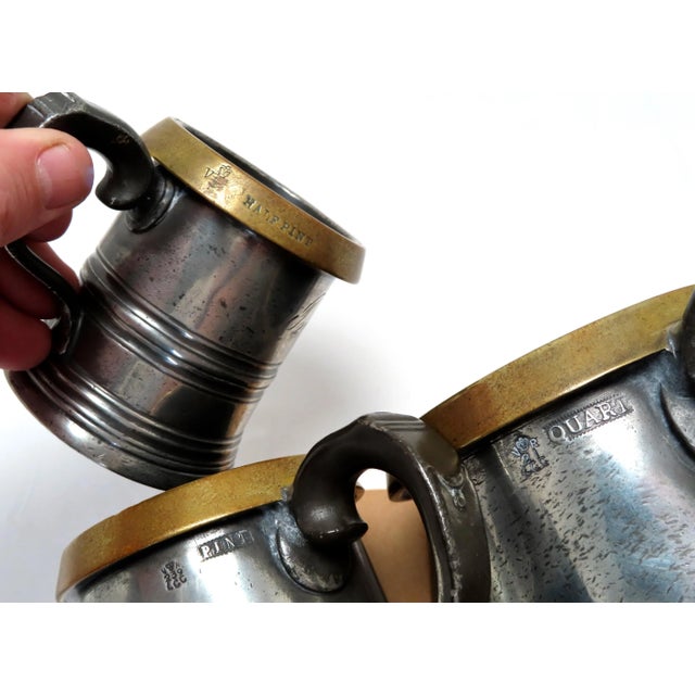 Metal Authentic Matched Set of 3 London Pewter & Brass Imperial Measures Circa Mid 19th Century For Sale - Image 7 of 13