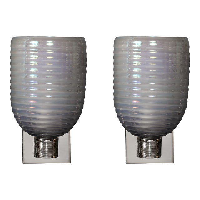 Modernist Hand-Blown Smoked Cerulean Hive Murano Glass & Nickel Fitted Sconces For Sale