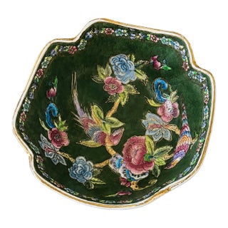 Vintage Chinese Green Enamel Floral Porcelain Scalloped Decorative Bowl For Sale