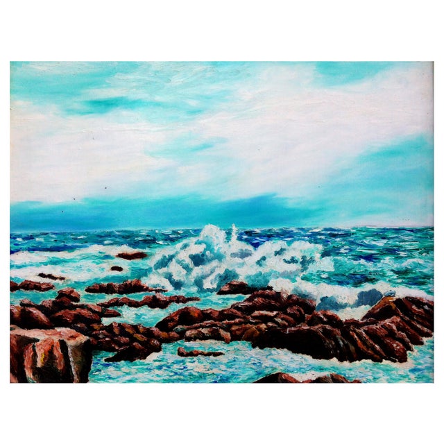 Gorgeous California seascape in uncommonly bright colors, depth and textures. Unsigned. Displayed in rustic wood frame....