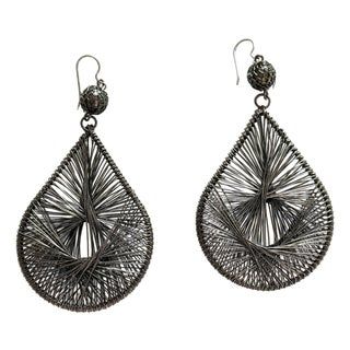 Vintage 1980s 1990s Brutalist Boho Gunmetal Wire Mesh Teardrop Earrings For Sale