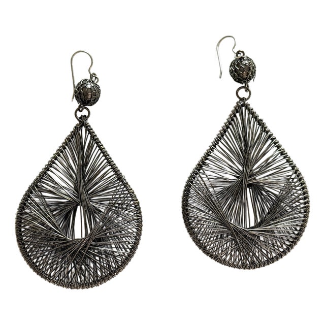 Vintage 1980s 1990s Brutalist Boho Gunmetal Wire Mesh Teardrop Earrings For Sale