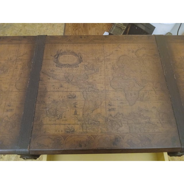 World Map Suitcase Console Table Leather Straps & Buckles, Wrought Iron Base For Sale - Image 4 of 9