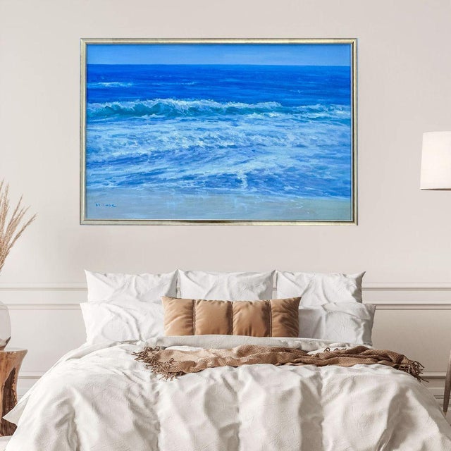 Sky Blue Coastal Waves and & Blue Skies Seascape, Original Oil Painting by H. Cole For Sale - Image 8 of 8