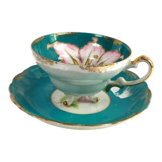 1950s Teal Teacup and Saucer With Pink Flower For Sale
