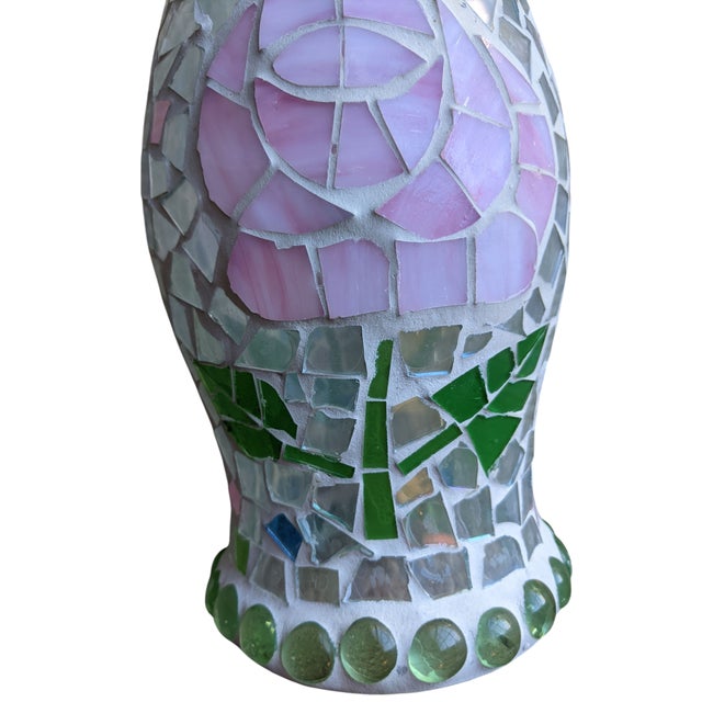 Vintage Mosaic Glass Rose Flower Glass Hurricanes- A Pair For Sale - Image 13 of 14