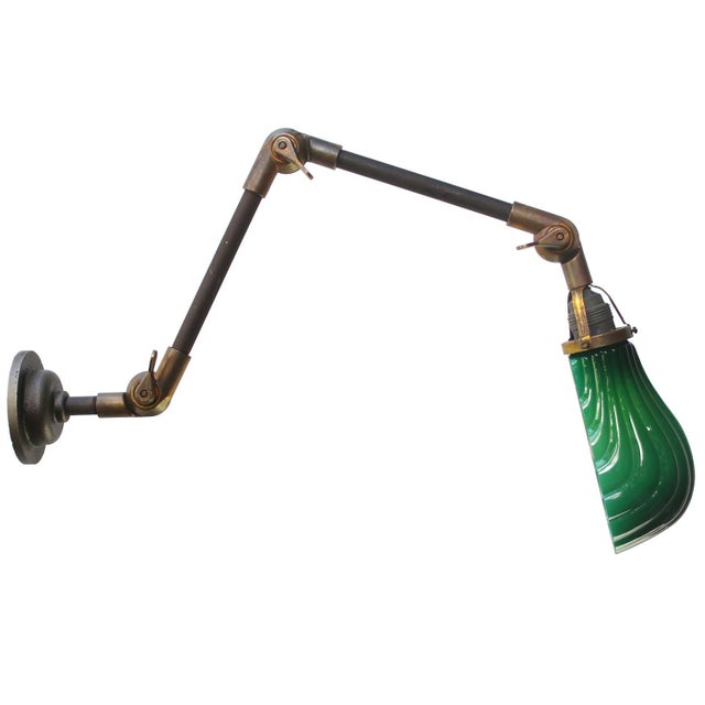 Metal Vintage French 3-Arm Metal and Brass Wall Light with Green Glass Shell Shade For Sale - Image 7 of 7