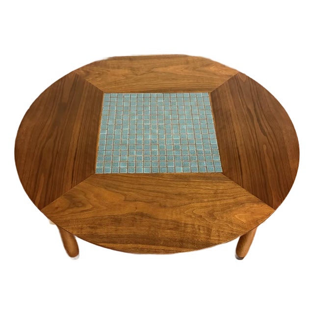 Lane Walnut Mid-Century Coffee Table With Tile Inlay For Sale