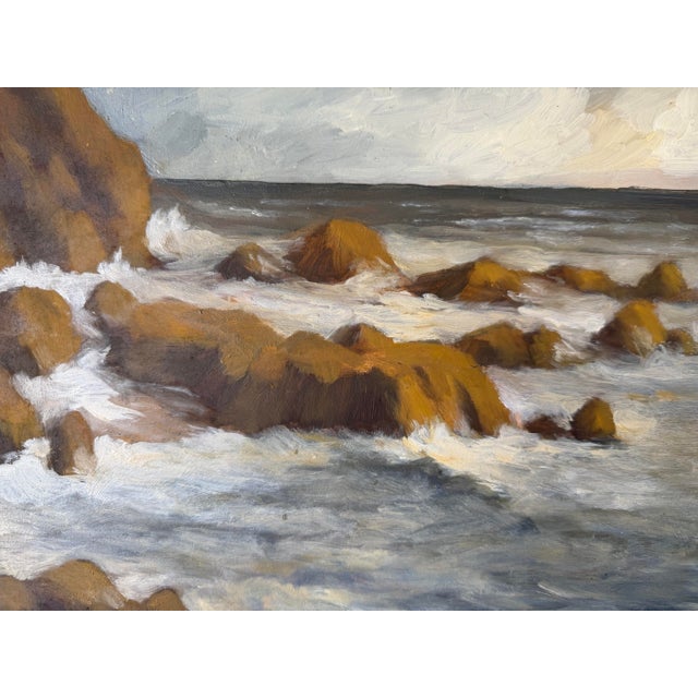 Modern Coastal Ocean Landscape Oil on Board Painting, Silver Wood Frame For Sale - Image 4 of 12