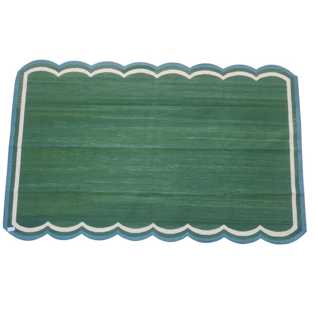 Green Handmade Cotton Scalloped Rug, Forest Green with Cream and Blue Border - 8'x10' For Sale - Image 8 of 8