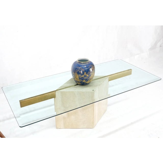Diamond shape pedestal Travertine base glass top rectangle coffee table mint.