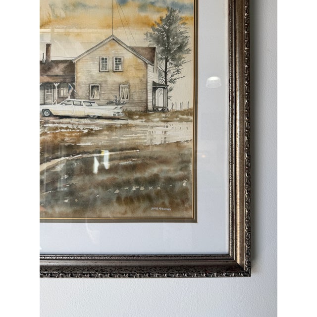 Brown 1970s Jamie McElhiney Original Farmhouse Landscape Watercolor Painting, Framed For Sale - Image 8 of 12