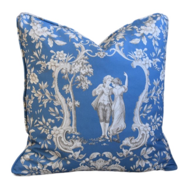 French Country French Country Romantic Blue & White Toile Feather/Down Pillow For Sale - Image 3 of 5
