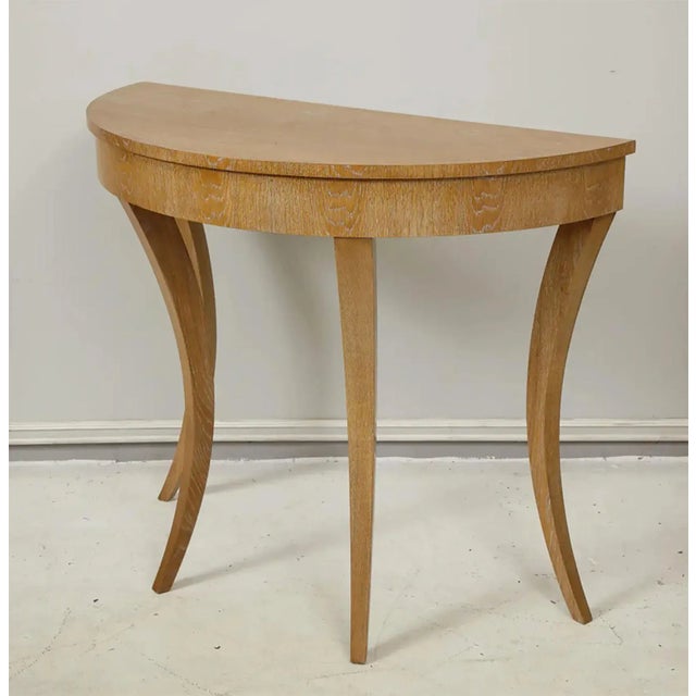 Bespoke Cerused Oak Bobo Demilune Console on Splayed Tapered Legs For Sale - Image 9 of 12