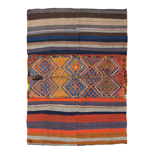Decorative Turkish Embroidered Kilim Rug - 4`4″ X 6`1″ Ft. For Sale