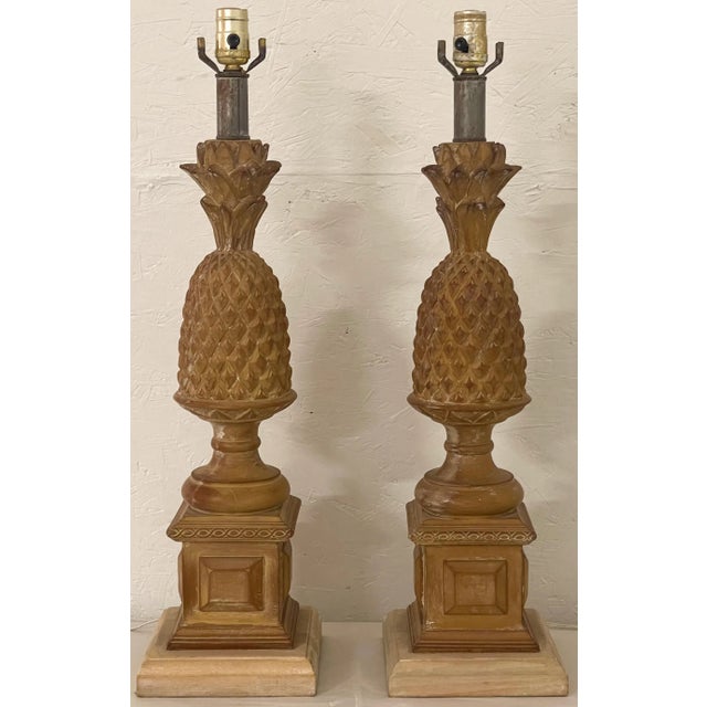 Mid 20th Century Mid-Century Regency Style Carved & Cerused Pineapple Table Lamps Att. To Chapman, Pair For Sale - Image 5 of 6
