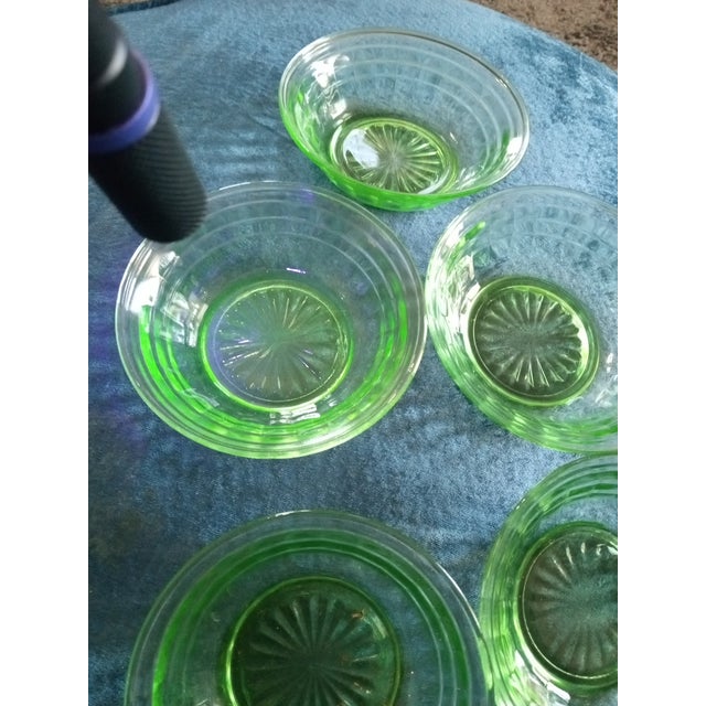 1960s Exquisite Anchor Hocking Block Optic Glow Uranium Glass 5pcs Berry Bowls For Sale - Image 5 of 6