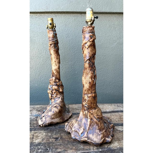 Coffee Vintage Hand Made Faux Bois Ceramic Lamps - A Pair For Sale - Image 8 of 12