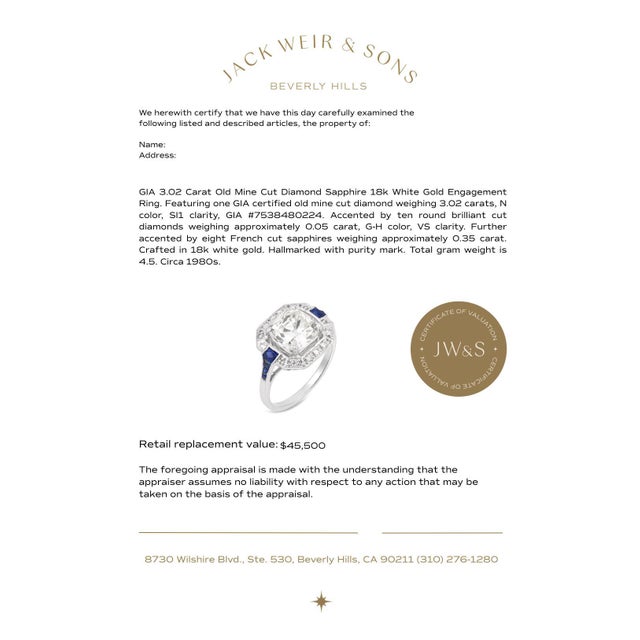 1980s Gia 3.02 Carat Old Mine Cut Diamond Sapphire 18k White Gold Engagement Ring, Size 7 For Sale In Los Angeles - Image 6 of 6
