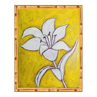 Original Framed Flower Painting, White Yellow Botanical Wall Art, Oil Sticks on Canvas in Bamboo Frame, 11x14 Minimalist Boho Home Decor For Sale
