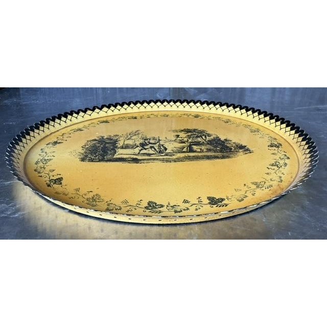Metal Vintage Coastal Italian Toile Painted Metal Tray For Sale - Image 7 of 8