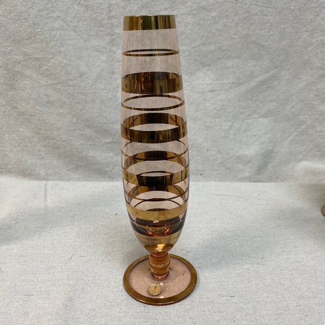 Set of 4 Romanian Borske Sklo Glassworks gold striped champagne/beer glasses. There are 2 amber, 1 pink, and 1 green. The...