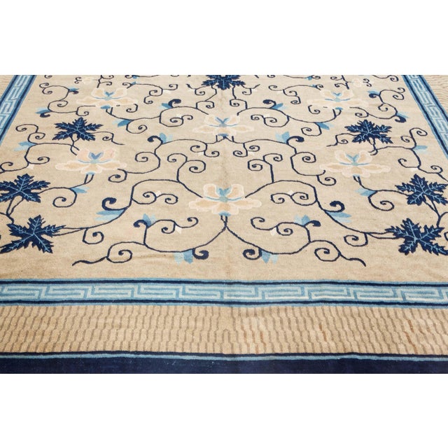Chinese Doris Leslie Blau Chinese Vintage Floral Warm Tan Hand-Knotted Wool Carpet For Sale - Image 3 of 8