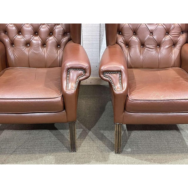 Animal Skin Chesterfield Wingback Armchairs in Brown Leather, 1970s, Set of 2 For Sale - Image 7 of 15