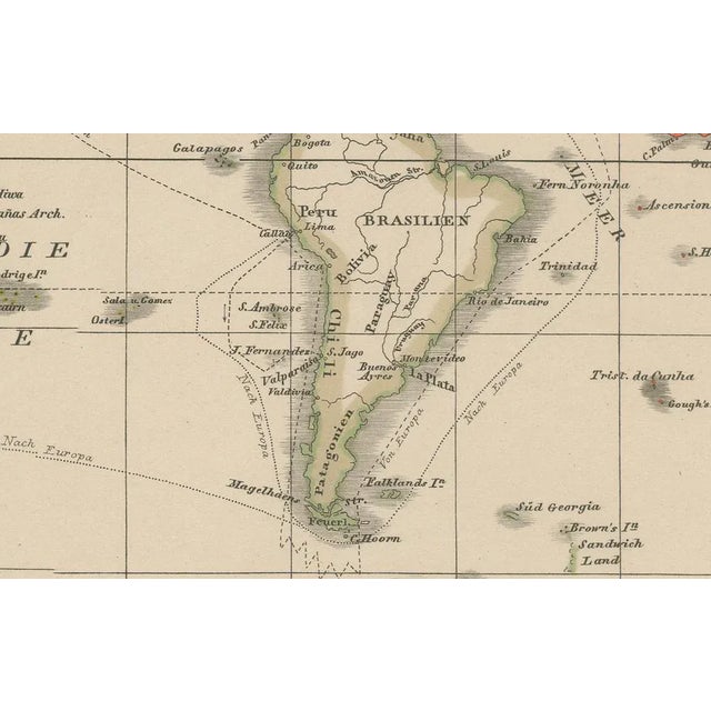 This attractive antique print shows a world map titled “Planiglob in Mercators Projection zur Übersicht der Erdfläche und...
