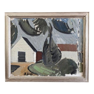 1967 Mid-Century Modern Swedish "House by the Trees" Vintage Landscape Oil Painting, Framed For Sale