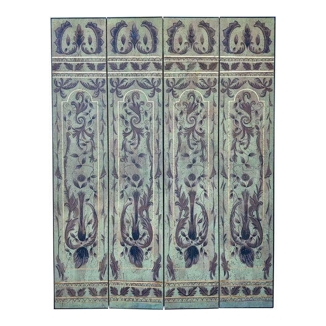 1920s Italian Art Deco Chinoiserie Four-Panel Hand-Painted Screen With Gold Gilt – Sage Green For Sale