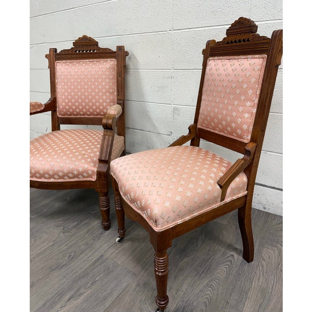 Pink Antique Victorian Eastlake Carved His and Hers Parlor Chairs - Pair For Sale - Image 8 of 11