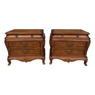 Late 20th Century Pair of Orleans International French-Style Burled Walnut Bombe Nightstands For Sale