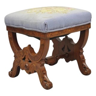 Antique Eastlake Victorian Burl Walnut Carved Curule Footstool Ottoman Stool For Sale