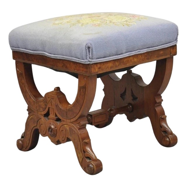 Antique Eastlake Victorian Burl Walnut Carved Curule Footstool Ottoman Stool For Sale